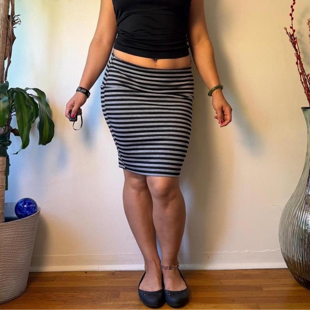 BCX Striped Midi Skirt Black Grey Twee Indie Sleaze Bodycon Pencil Skirt Large